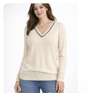 Equipment Cream V-Neck Sweater with Sequin Trim